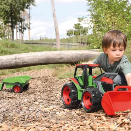 Traktor z žlico in vozičkom, rdeča in zelena