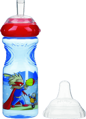 Steklenica s silikonskim ustnikom, ki ne pušča, 300 ml, 9 m +, modra z rdečim pokrovčkom - superhero