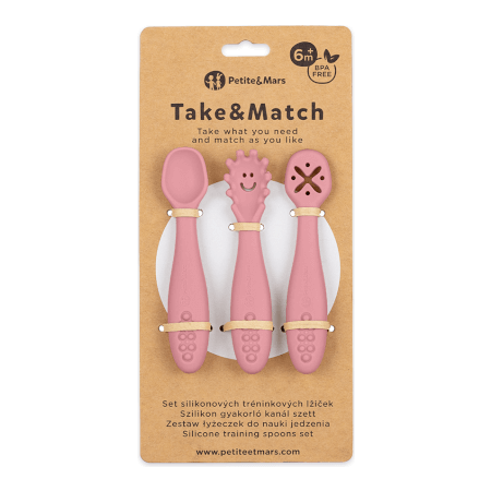 Komplet 3 silikonskih žlic za trening Take&Match Dusty Rose 6m+