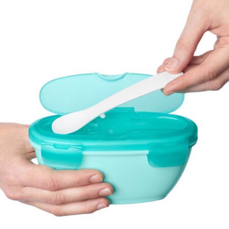 Skodelica z žlico v zaščitnem ovitku Easy Serve Teal 240 ml, 3m+