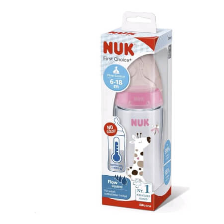 NUK FC+Temperature Control Baby Bottle 300 ml BOX-Flow Control Soother pink