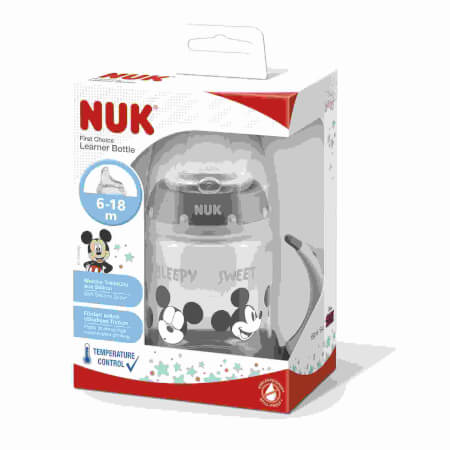 NUK Disney Mickey steklenička za dojenčke z nadzorom temperature 150 ml rdeča