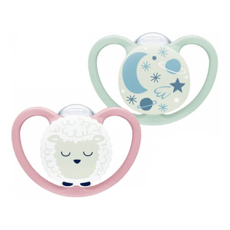 NUK Space Nights otroški dudelec 6-18m 2pcs/BOX dekle