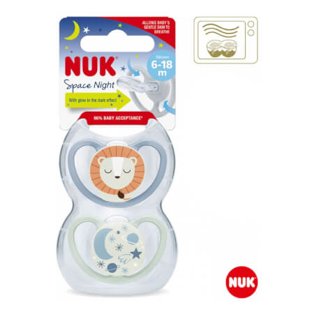 NUK Space Nights otroški dudelec 6-18m 2pcs/BOX dekle