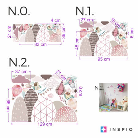 Stenske nalepke – hribi in baloni v rožnati barvi