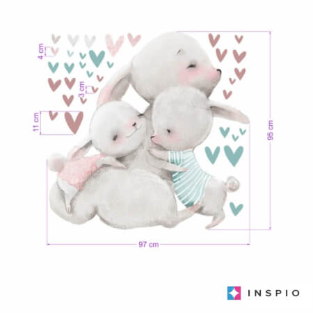 Akvarelna stenska nalepka - zajčja družina s srci