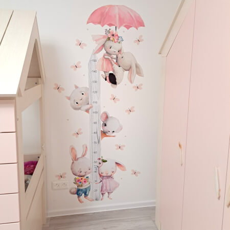 Dekliška merilna lestvica za otroško sobo - Vodne barvice Zajčki