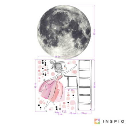 Stenska nalepka nalepka - Luna in dekle v roza barvi, velika nalepka